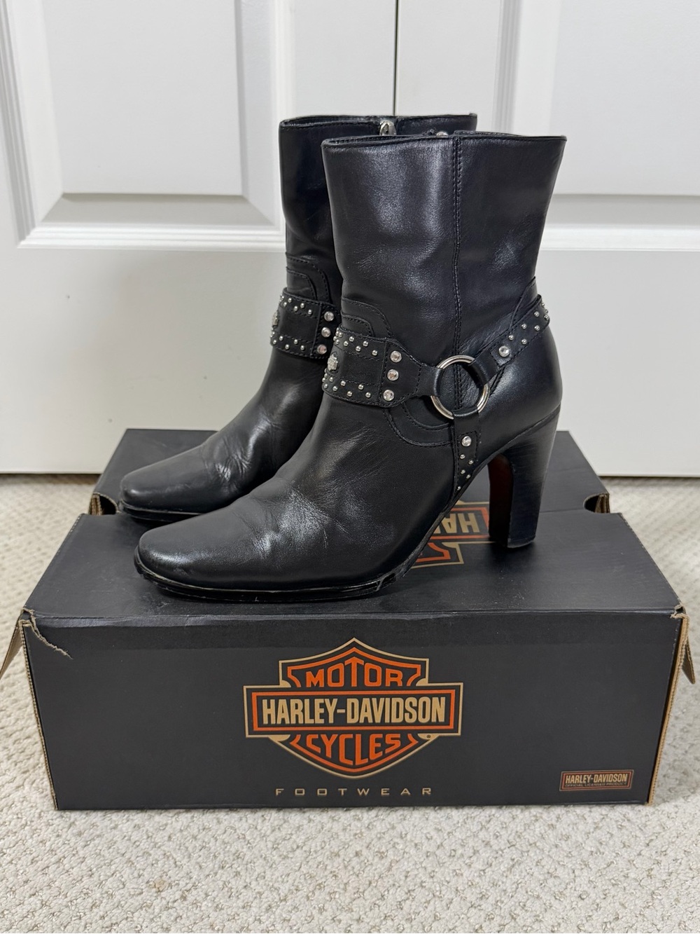 Harley-Davidson Julia Black Leather Studded Harness Heeled Boots